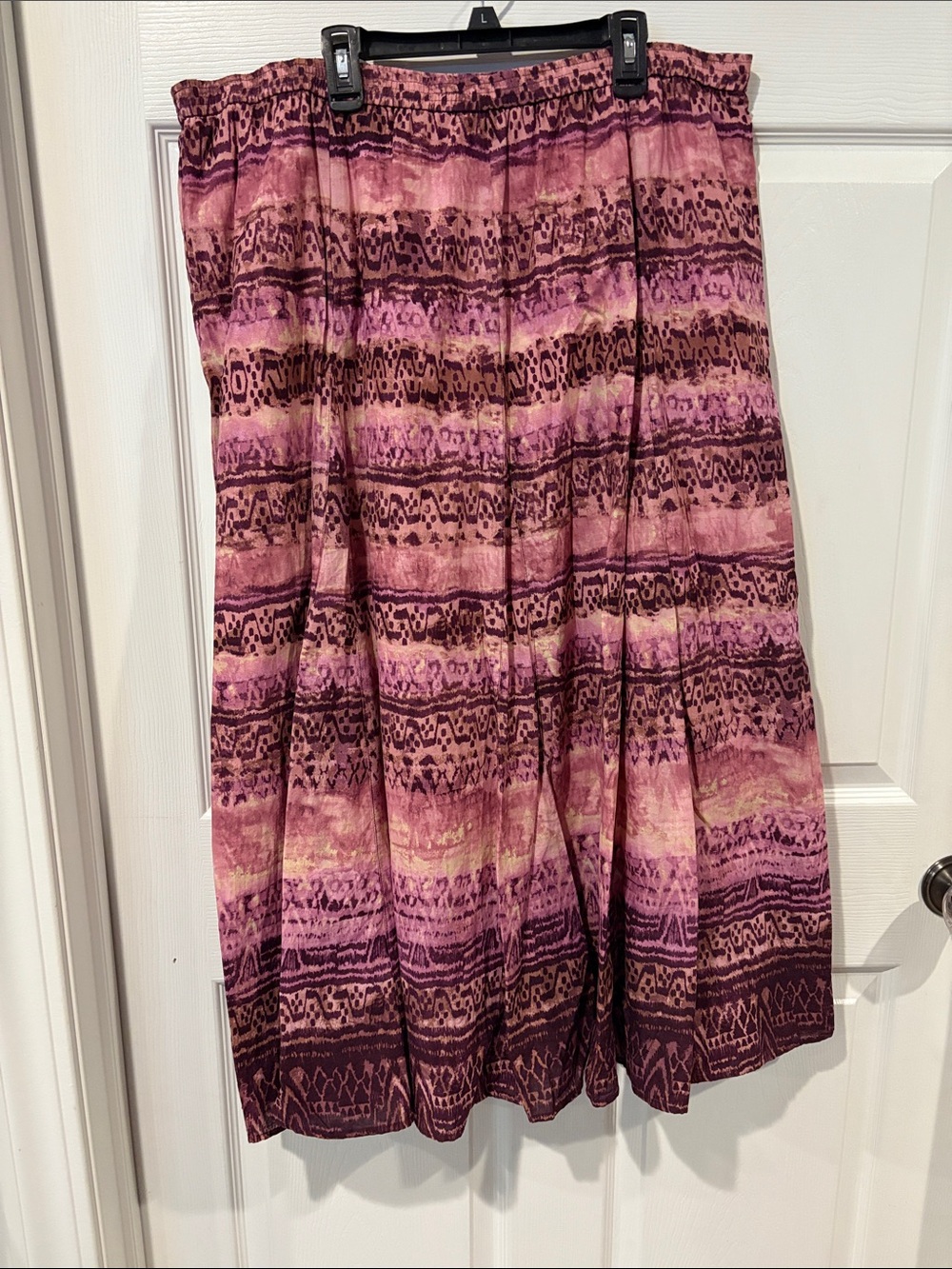 Women's Pink Patterned Elastic-Waist Midi Skirt